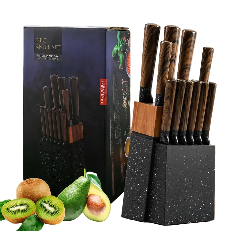 12-Piece Stainless Steel Knife Set with Block & Sharpener - Dishwasher Safe, Razor-Sharp Blades