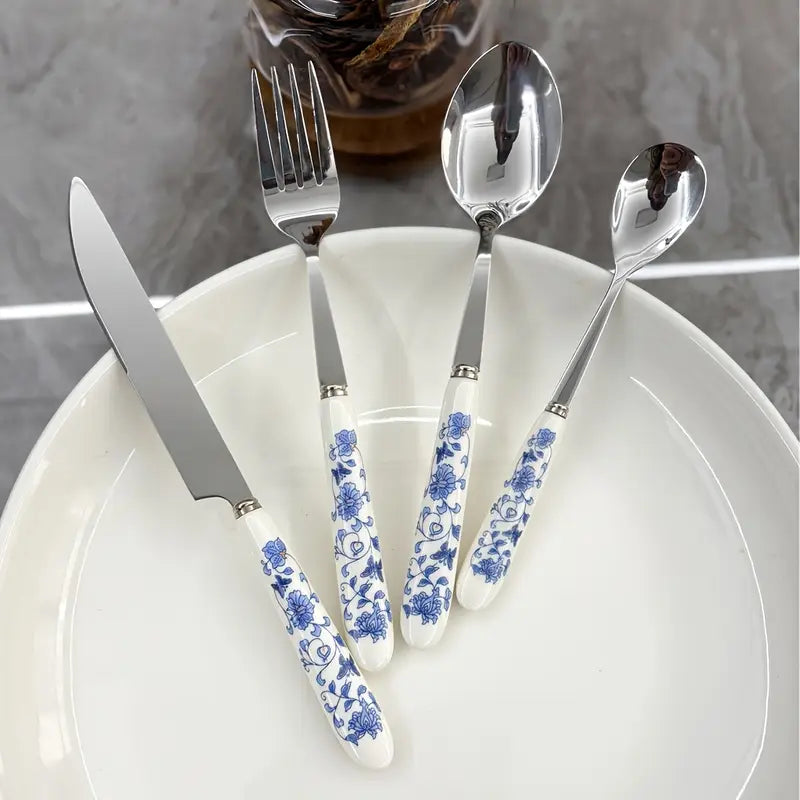 Floral Blue & White Ceramic-Handled Stainless Steel Cutlery Set - 4-Piece Steak Knives, Forks, Spoons for Home & Restaurant Dining