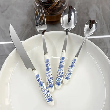 Floral Blue & White Ceramic-Handled Stainless Steel Cutlery Set - 4-Piece Steak Knives, Forks, Spoons for Home & Restaurant Dining
