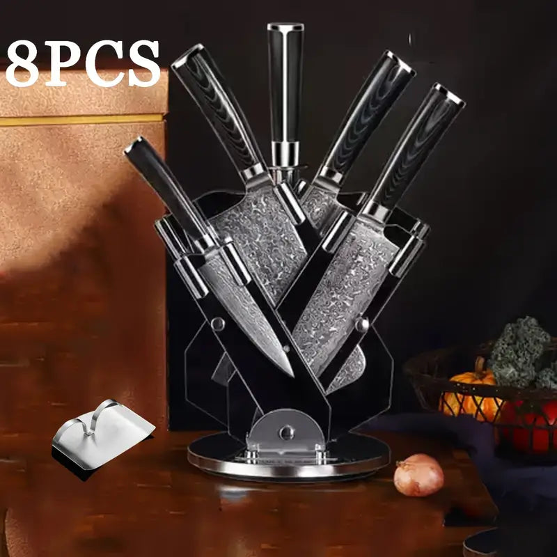 8-Piece Damascus Chef Knife Set with Block, Scissors & Sharpening Rods – Ergonomic Kitchen & Bar Tools