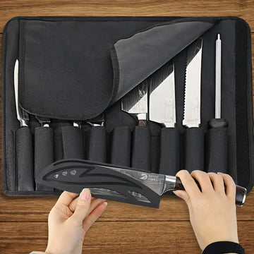8-Piece Professional Japanese Kitchen Knife Set with Sharpener and Nylon Bag – Chef, Santoku, Paring, Cleaver, Bread, Boning, Vegetable and Steak Knives