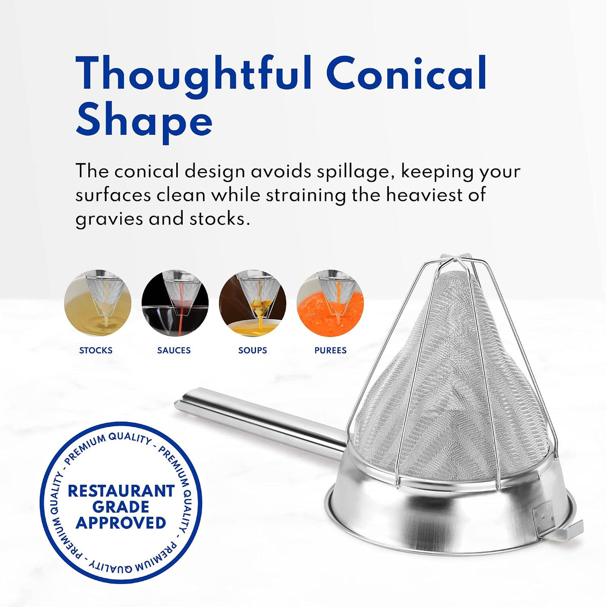 8-inch stainless steel bouillon strainer displayed in a professional kitchen for preparing stocks and broths.