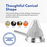 8-inch stainless steel bouillon strainer displayed in a professional kitchen for preparing stocks and broths.