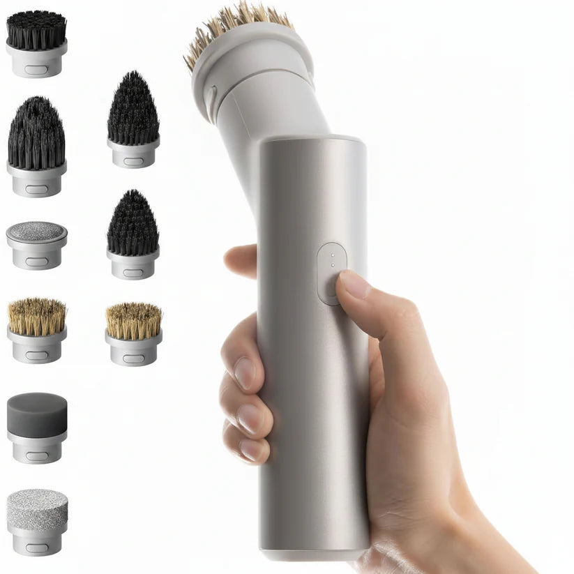 Silver cordless electric spin scrubber with nine interchangeable cleaning attachments