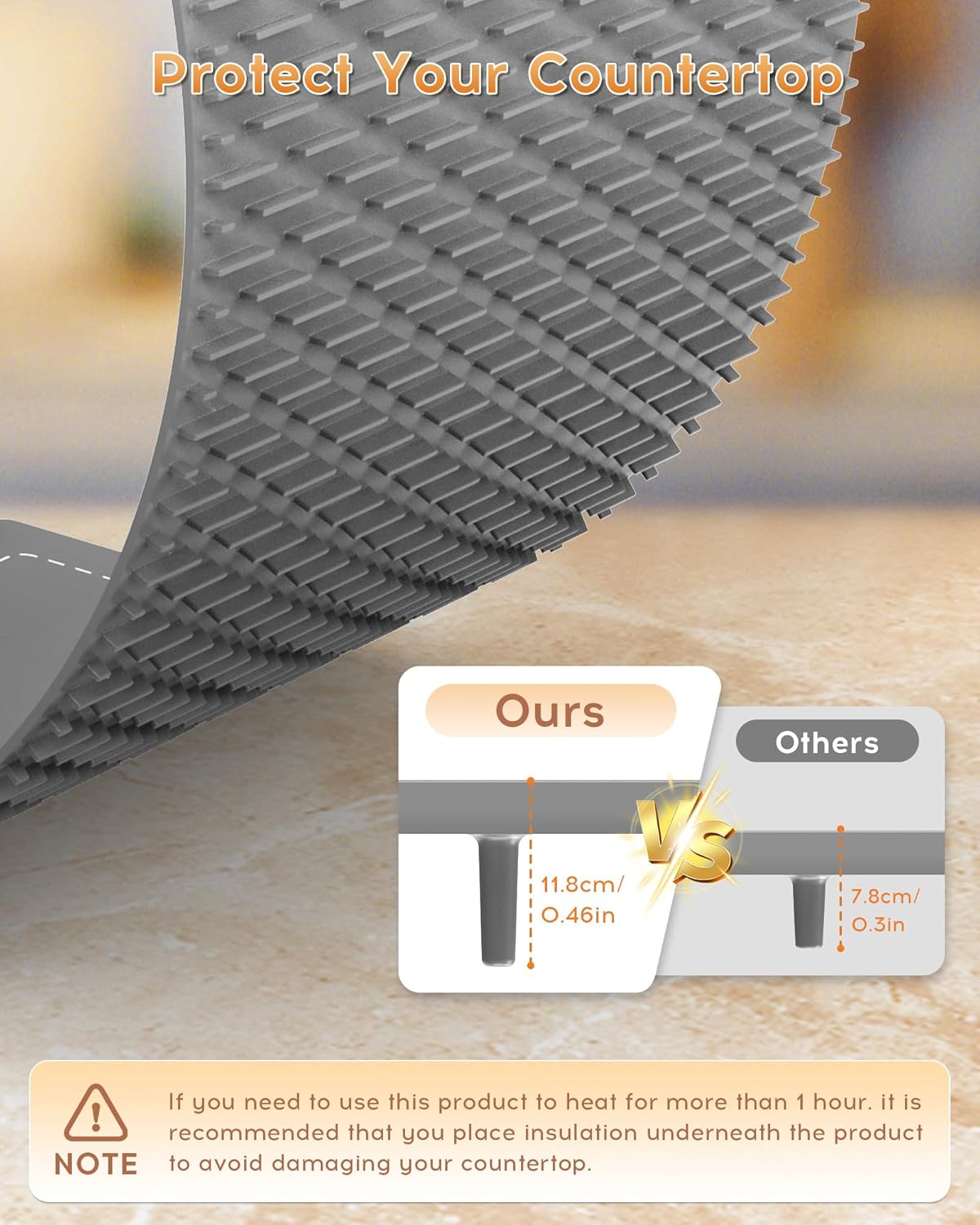 Electric food warming mat on kitchen countertop