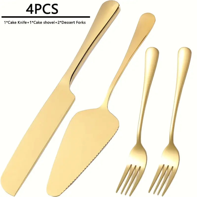 4-Piece Stainless Steel Cake & Dessert Serving Set – Knife, Forks & Server, Mirror Finish, Dishwasher Safe – Ideal for Weddings, Birthdays, & Holidays