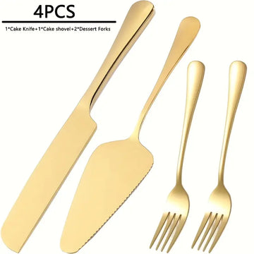 4-Piece Stainless Steel Cake & Dessert Serving Set – Knife, Forks & Server, Mirror Finish, Dishwasher Safe – Ideal for Weddings, Birthdays, & Holidays