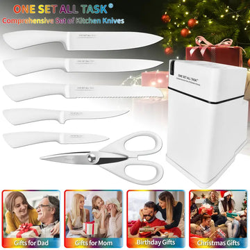 7-Piece High Carbon Stainless Steel Knife Set with Block & Built-in Sharpener – White