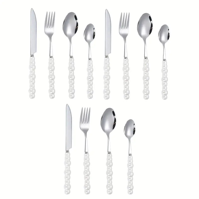 12pcs Pearl-Shaped Stainless Steel Cutlery Set with Ceramic Handles – Knives, Forks & Spoons for Kitchen, Dining & Parties