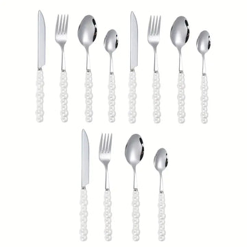12pcs Pearl-Shaped Stainless Steel Cutlery Set with Ceramic Handles – Knives, Forks & Spoons for Kitchen, Dining & Parties