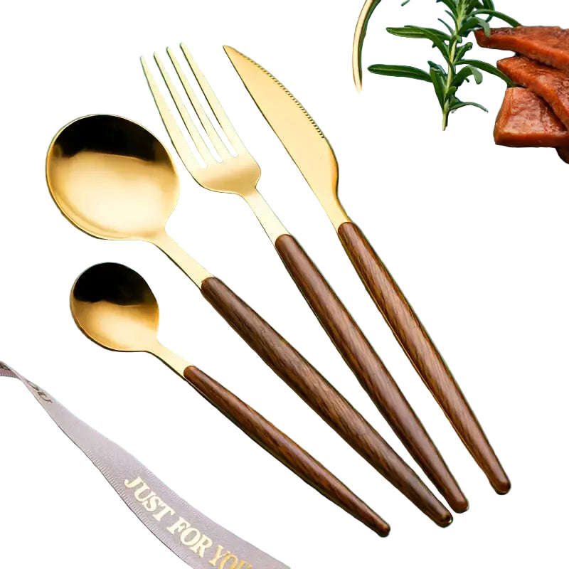 24-Piece Portuguese Stainless Steel Cutlery Set with Wood Grain Handle – Dishwasher Safe, Premium Silverware for Home, Restaurant & Events