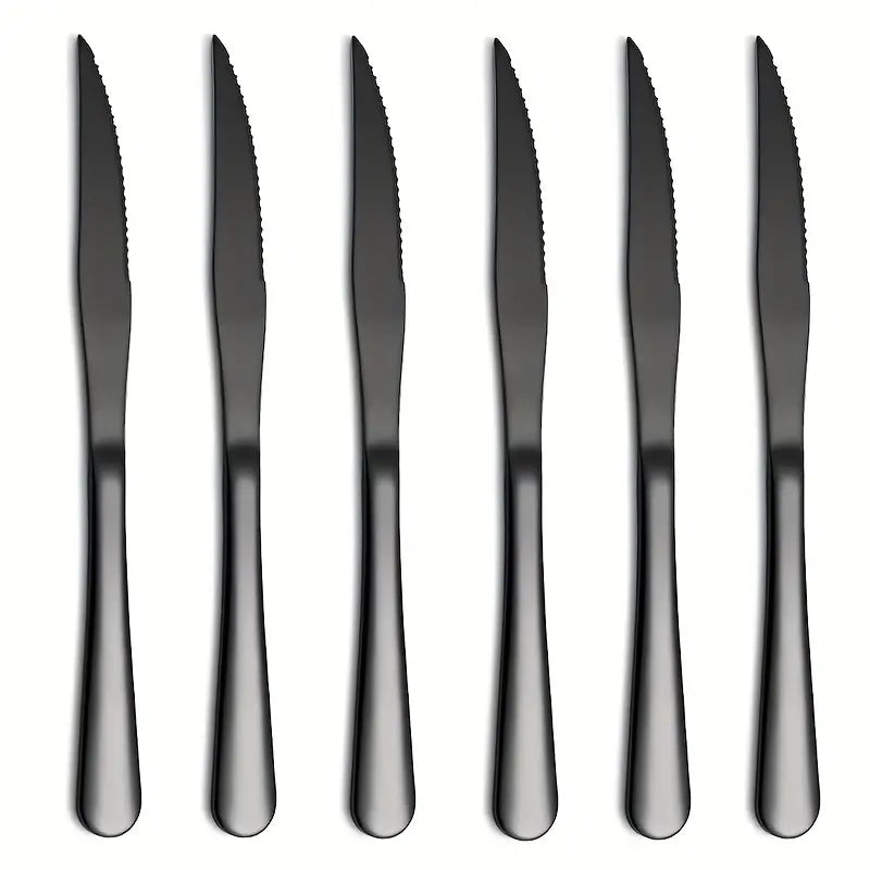 6pcs Black Stainless Steel Steak Knife Set – Ultra-Sharp Serrated Western Style Knives for Dining, Restaurants, and Outdoor Use