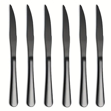 6pcs Black Stainless Steel Steak Knife Set – Ultra-Sharp Serrated Western Style Knives for Dining, Restaurants, and Outdoor Use