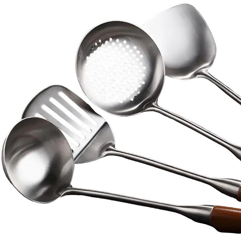 7-Piece Stainless Steel Kitchen Utensil Set with Wooden Handles - Soup Spoon, Turner, Skimmer, and More - Premium Cooking Tools for Home & Restaurant
