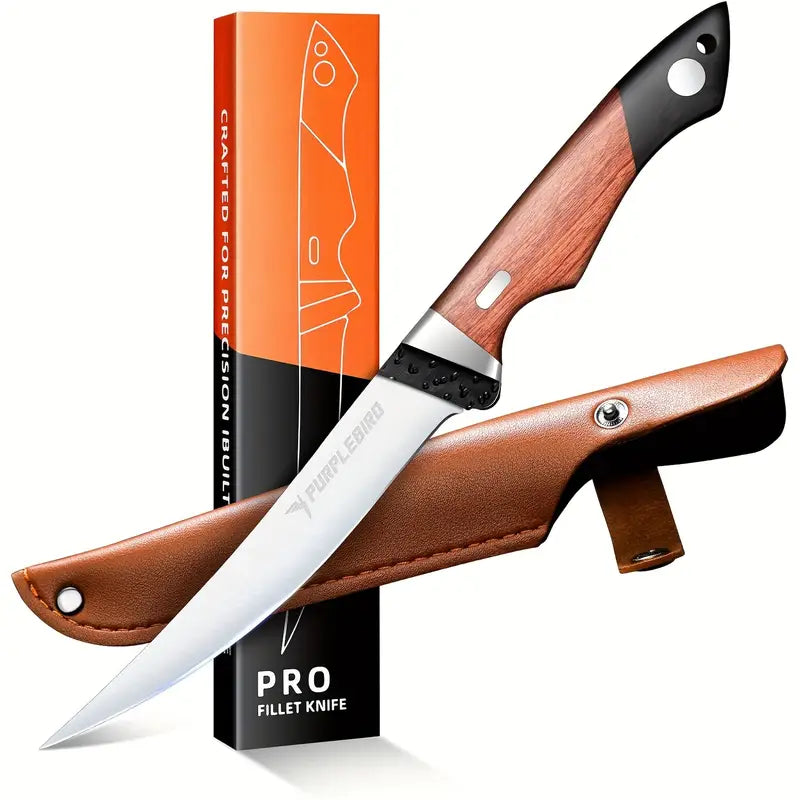 6" 440C Boning & Fillet Knife with Wood Handle & Sheath - Ideal for Fishing, BBQ, Meat Cutting & Outdoor Use