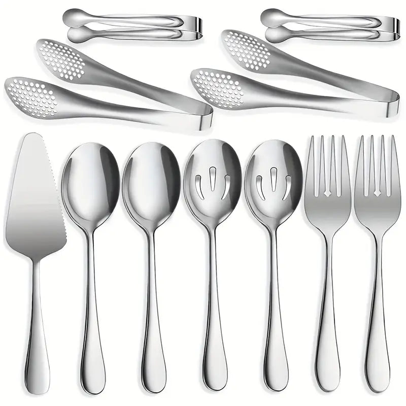 11-Piece Stainless Steel Serving Set – Spoons, Forks, Slotted Spoon, Pie Server & Tongs for Parties, Buffets & Restaurants