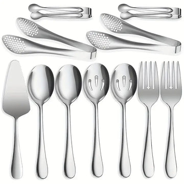 11-Piece Stainless Steel Serving Set – Spoons, Forks, Slotted Spoon, Pie Server & Tongs for Parties, Buffets & Restaurants