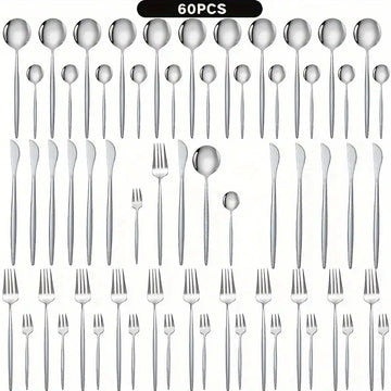 60-Piece Stainless Steel Cutlery Set – 12-Serving Elegant Dinnerware, Dishwasher Safe, Mirror Finish (Gold/Silver)