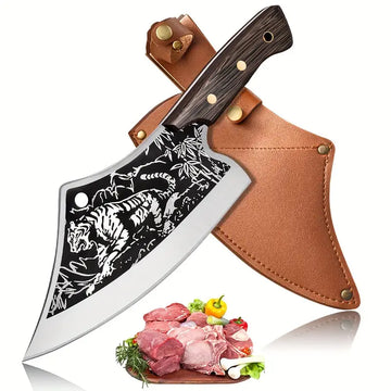 8'' Hand-Forged Meat Cleaver Knife with Sheath – Heavy Duty Butcher Knife in Tiger Style, Rival to Damascus