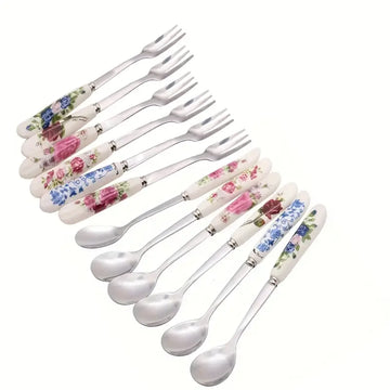 Elegant 12pcs Floral Print Stainless Steel Flatware Set with Ceramic Handles – Dessert, Coffee, Tea & Salad Spoons & Forks