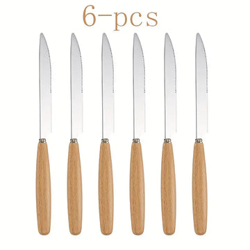6pcs Stainless Steel Knife Set – Beech Wood Handle Steak & Cutlery Knives | Dishwasher Safe, Ideal for Western Dining, Home & Restaurant, Halloween & Christmas