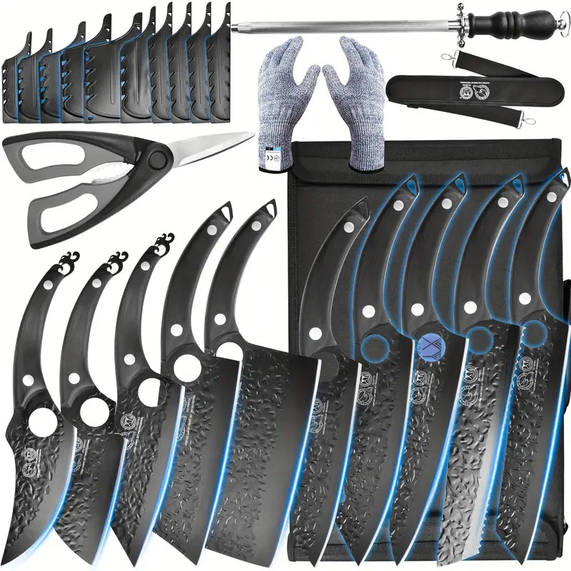 10-Piece Professional Forged Knife Set with Roll Bag – Includes Butcher Knife, Scissors, Honing Steel & Whetstone, Perfect Gift for Special Occasions