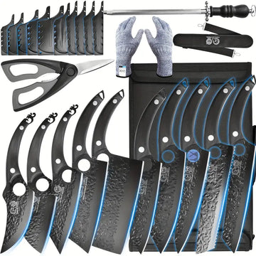 10-Piece Professional Forged Knife Set with Roll Bag – Includes Butcher Knife, Scissors, Honing Steel & Whetstone, Perfect Gift for Special Occasions
