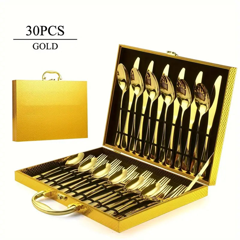30pcs Mirror Polished Stainless Steel Cutlery Set – Luxurious, Durable & Rust-Resistant with Wooden Gift Box – Perfect for Weddings & Dining