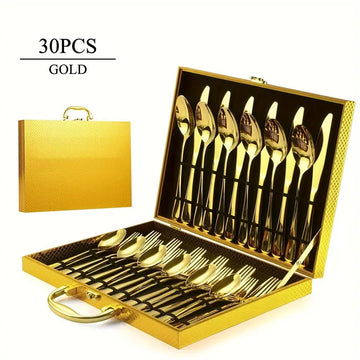 30pcs Mirror Polished Stainless Steel Cutlery Set – Luxurious, Durable & Rust-Resistant with Wooden Gift Box – Perfect for Weddings & Dining