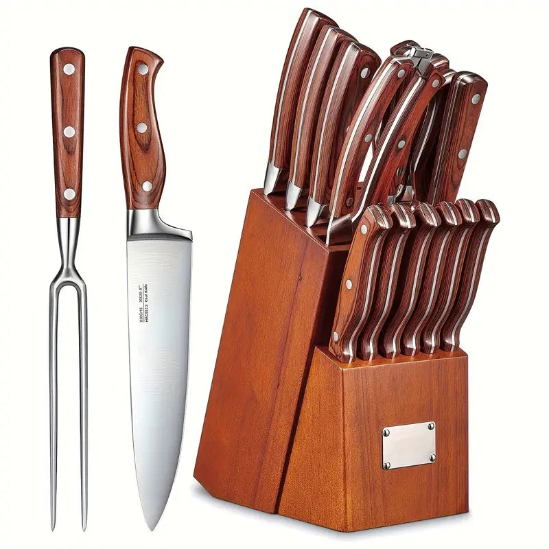 16-Piece Stainless Steel Kitchen Knife Set with Wooden Block & Sharpener – Chef, Santoku, Bread, Utility & Paring Knives