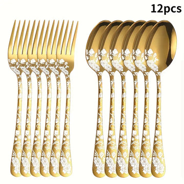 12-Piece Stainless Steel Fork & Spoon Set – Laser Printed Dinnerware for Kitchen, Dining, & Special Occasions