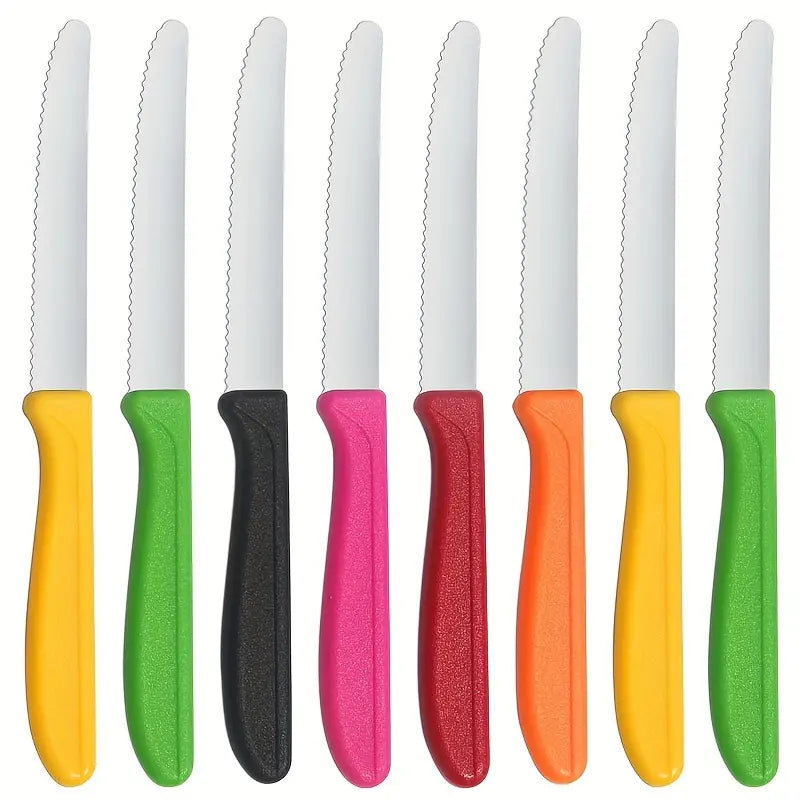 8pcs Colorful Stainless Steel Breakfast & Dessert Knife Set – Tomato, Cheese & Bread Slicers | Dishwasher Safe, Durable Cutlery for Family Meals & Western Cuisine