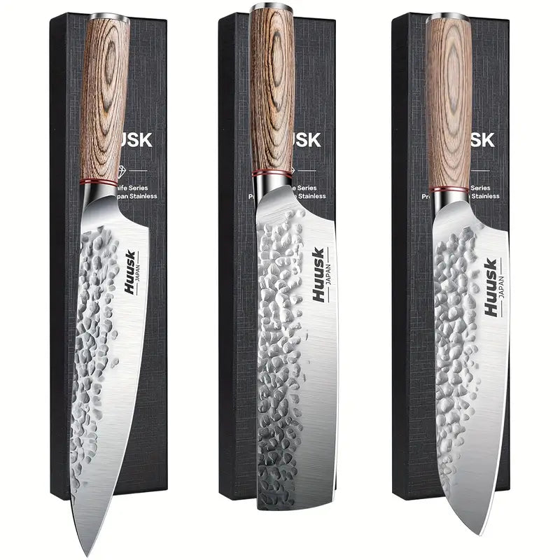 3-Piece Japanese Kitchen Knife Set – Chef & Santoku Knives with Wood Handles