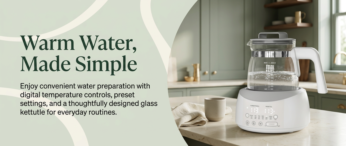 Electric Water Warmer with Digital Temperature Control – Glass Water Kettle with Keep Warm Function & Night Light