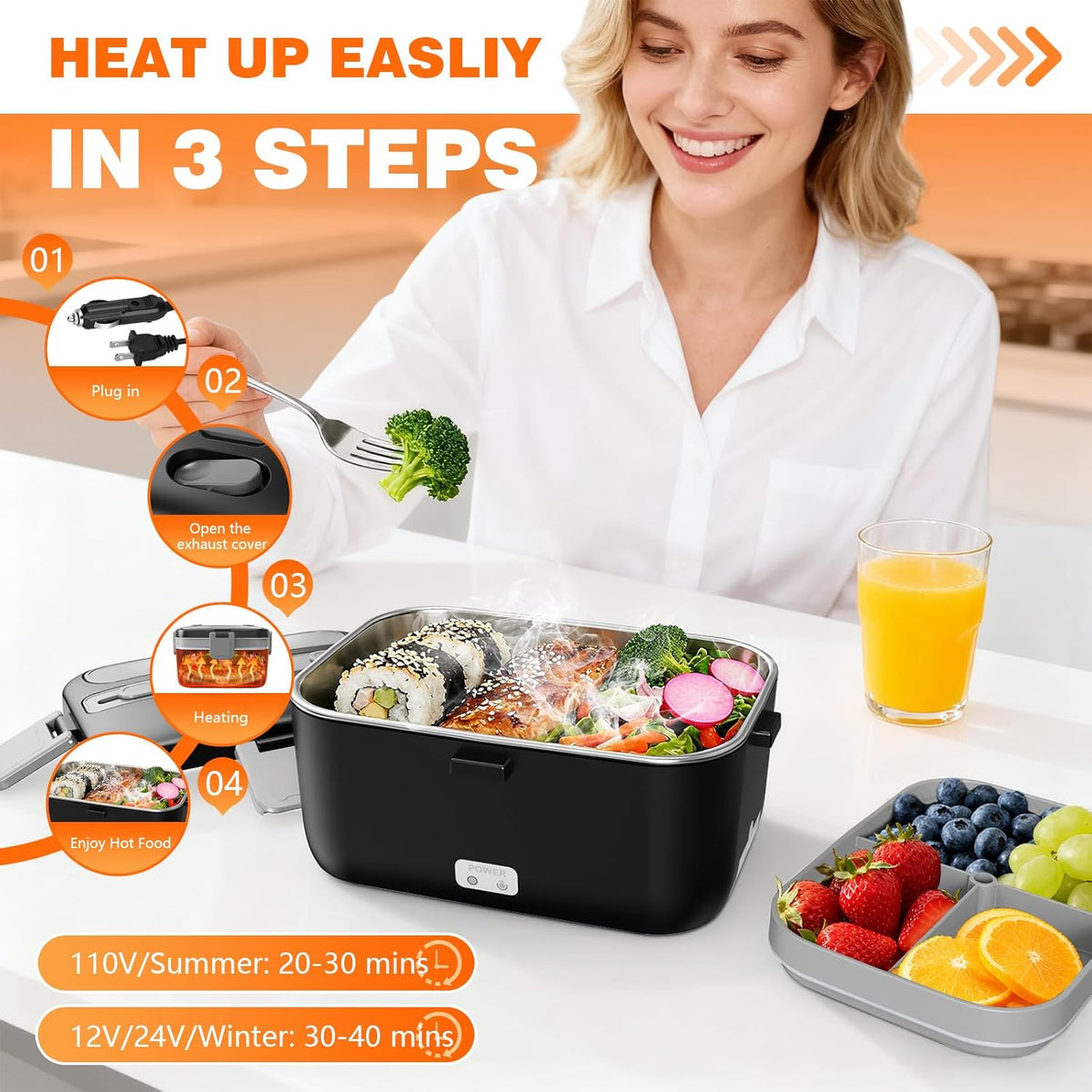 Electric lunch box with double layer food heating design
