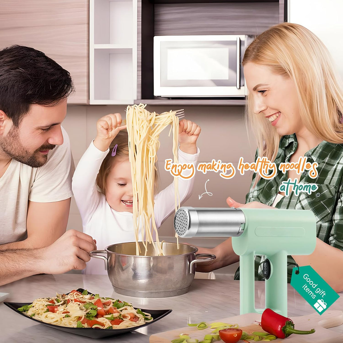 Electric noodle maker accessories including shaping discs and scraper