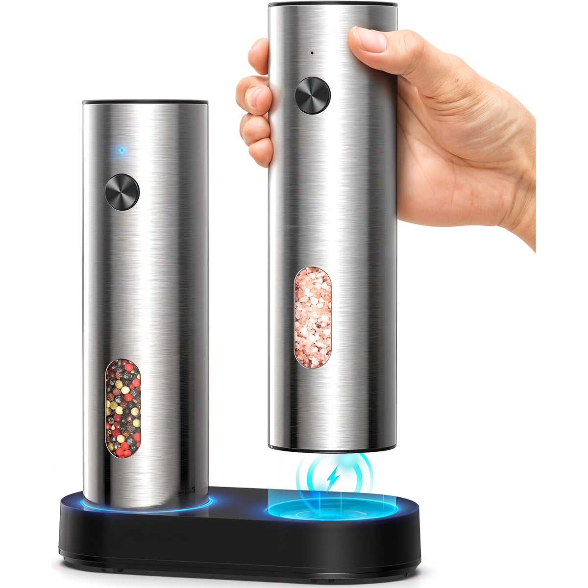 Electric salt and pepper grinder set with charging base