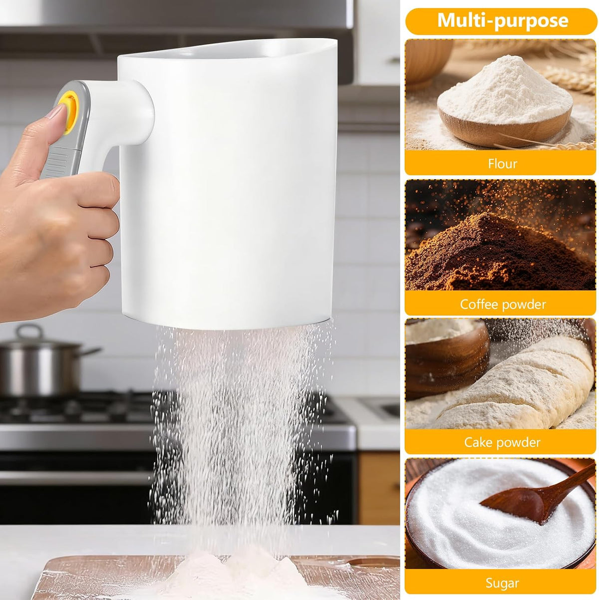 Handheld electric flour sifter used to distribute powdered sugar over homemade baked desserts.