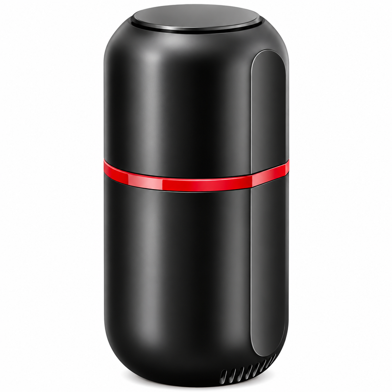 Black electric spice, coffee, and nut grinder with a glossy red accent ring, compact cylindrical design, one-touch operation, and sleek matte finish, displayed on a clean white background.