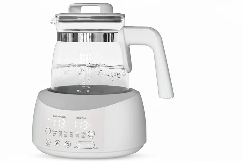 White electric glass water warmer with digital temperature control and heating base