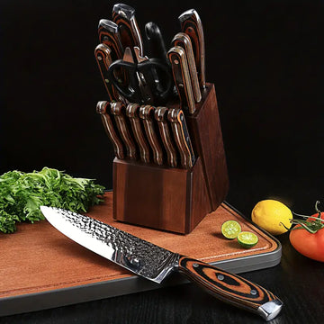 Professional 14/16-Piece Kitchen Knife Set with Wooden Block & Sharpener