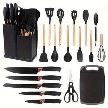 19pcs Silicone Kitchenware & Stainless Steel Knife Set with Wooden Handle Utensils and Storage Bucket