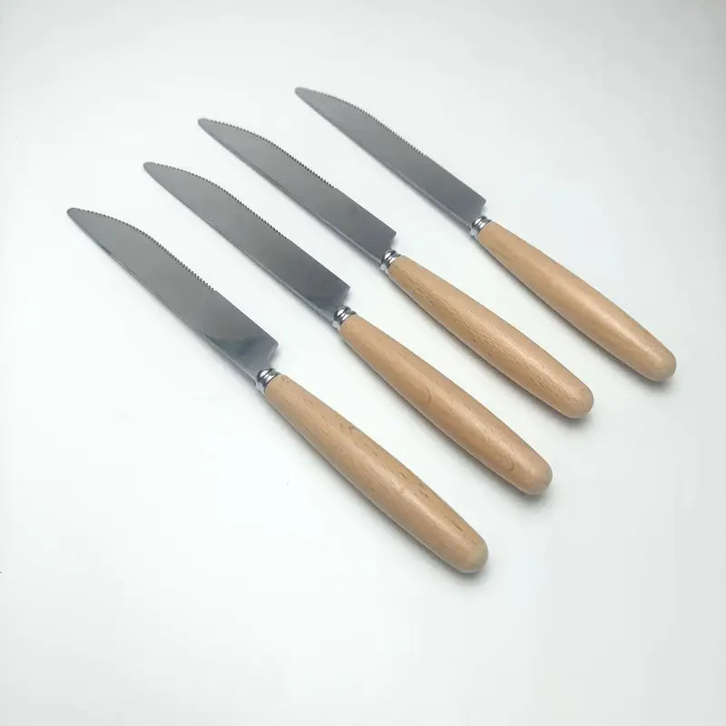 4pcs Beech Wood Handle Stainless Steel Knife Set – Western-Style Steak Knives | Real Wood Handles for Home & Restaurant Use