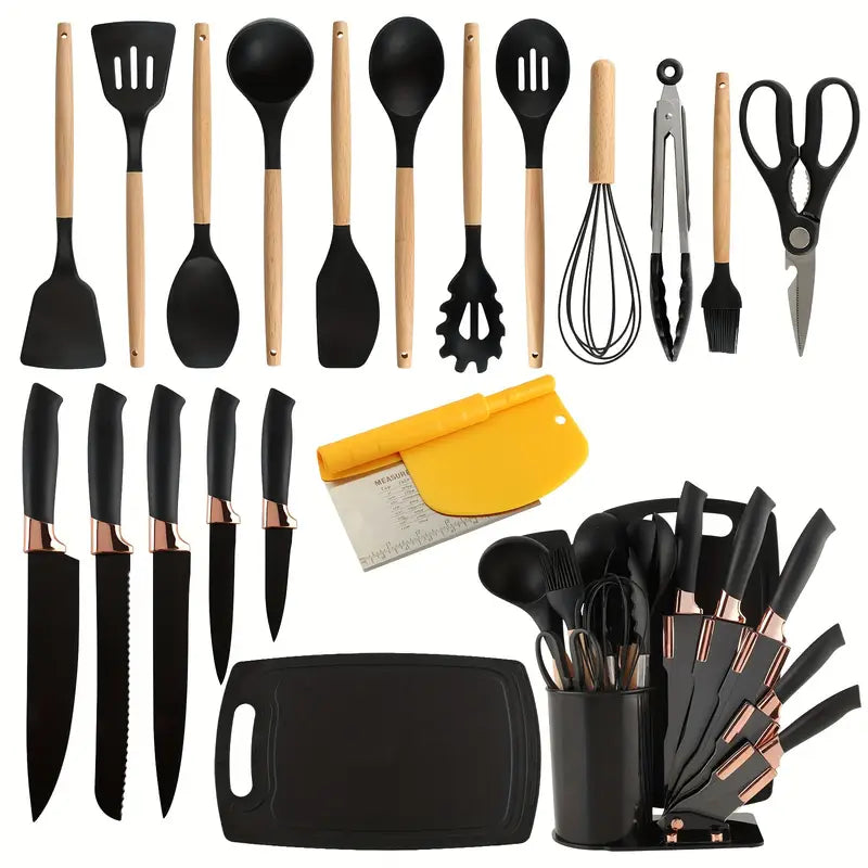 21pcs Silicone Kitchen Utensil & Knife Set – Nonstick Cookware Safe, Spatulas, Spoons, 8 Stainless Steel Knives, 2-in-1 Scraper, Dishwasher Safe with Gift Box