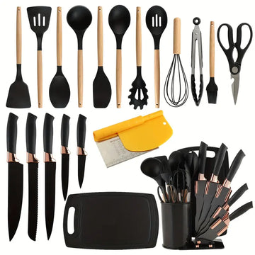 21pcs Silicone Kitchen Utensil & Knife Set – Nonstick Cookware Safe, Spatulas, Spoons, 8 Stainless Steel Knives, 2-in-1 Scraper, Dishwasher Safe with Gift Box