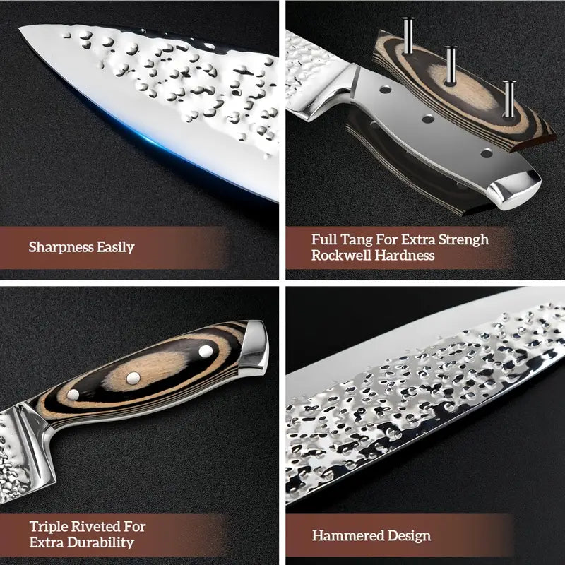 Collage of a chef's knife with features highlighted on a dark background