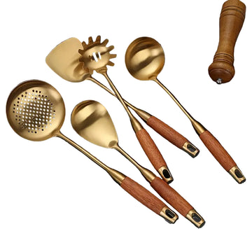 6-Piece Luxury Golden Stainless Steel Kitchen Utensil Set – Spatula, Ladle, Turner & More – Premium Cooking & Baking Tools