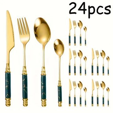 24pcs Stainless Steel Cutlery Set with Ceramic Handles – Dinner & Dessert Spoons, Forks, Knives for Home, Hotels, Restaurants & Parties