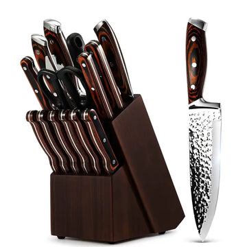 15/16/20pcs Kitchen Knife Set with Wooden Block – Self-Sharpening Stainless Steel Chef Knife Collection, Steak Knives Included, Ideal Colorful Knife Set for Home & Gifts