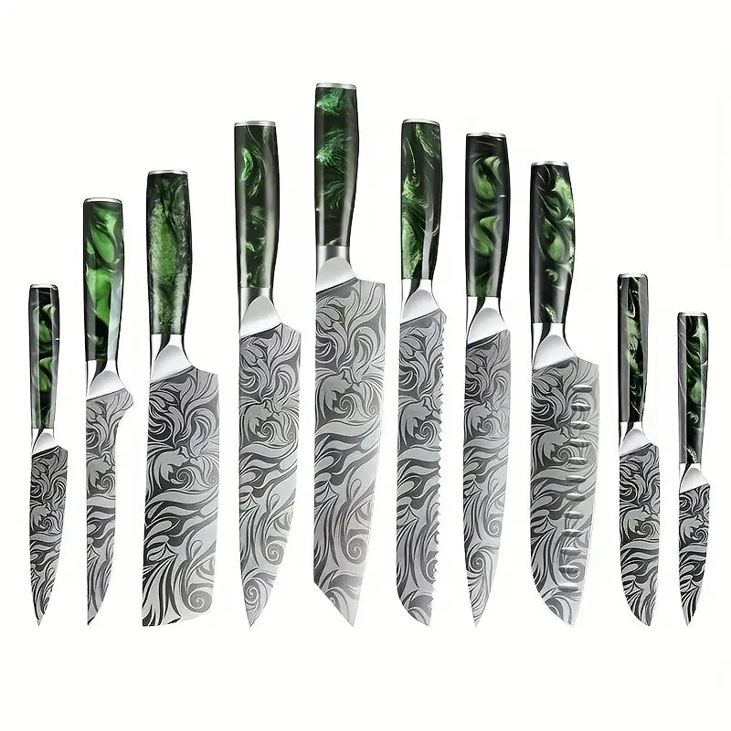10-Piece Japanese Damascus Kitchen Knife Set - Wasabi Series with Green Resin Wood Handles